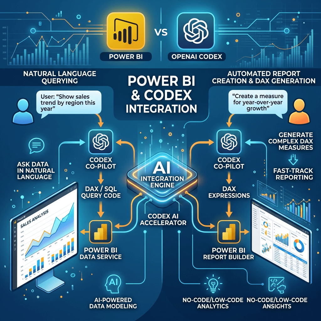 Flowchart illustrating Power BI and OpenAI Codex integration for natural language data querying and automated DAX report generation